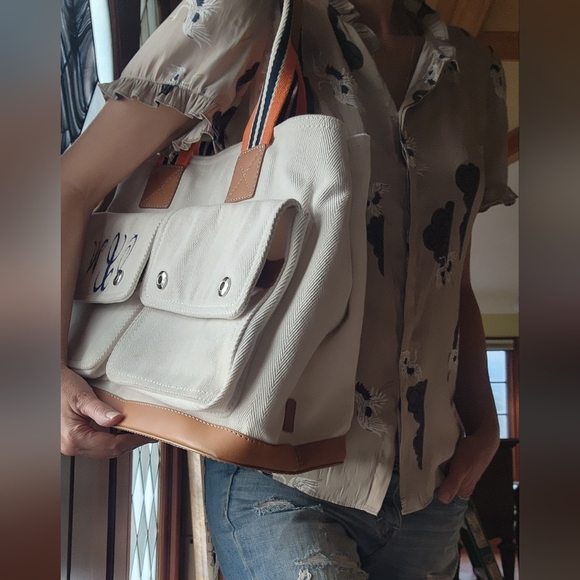 ‼️NWOT Pottery Barn White and Orange Seacliff Canvas Tote with Striped Handles - Picture 3 of 17